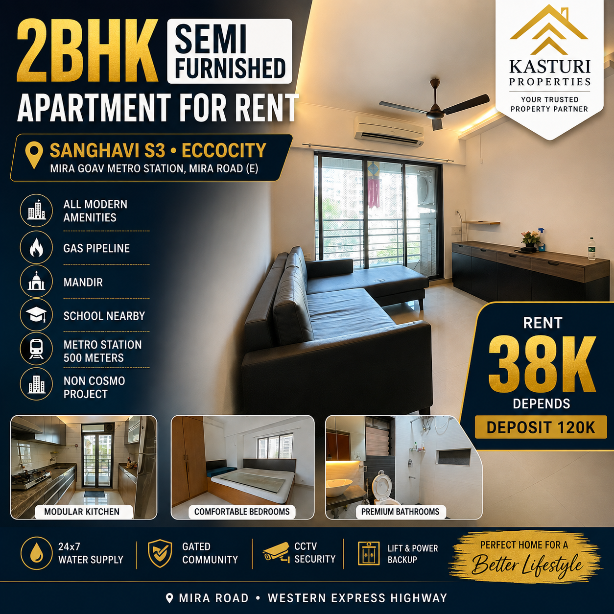 2 BHK 2 BHK Semi-Furnished Apartment for Rent in Mira Road East in Mira Road East, Mumbai